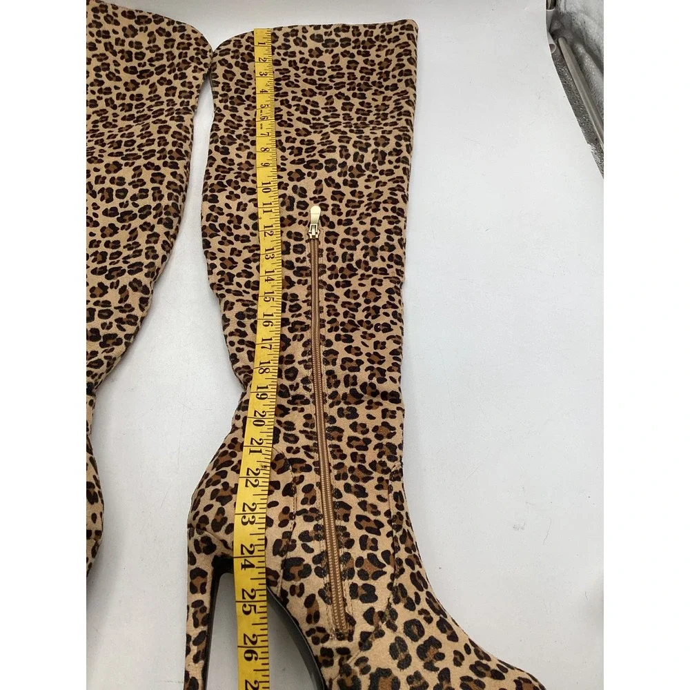AmiClubwear Leopard Print Over The Knee Platform Stiletto Boots Brown Tan Sz‎ 10
